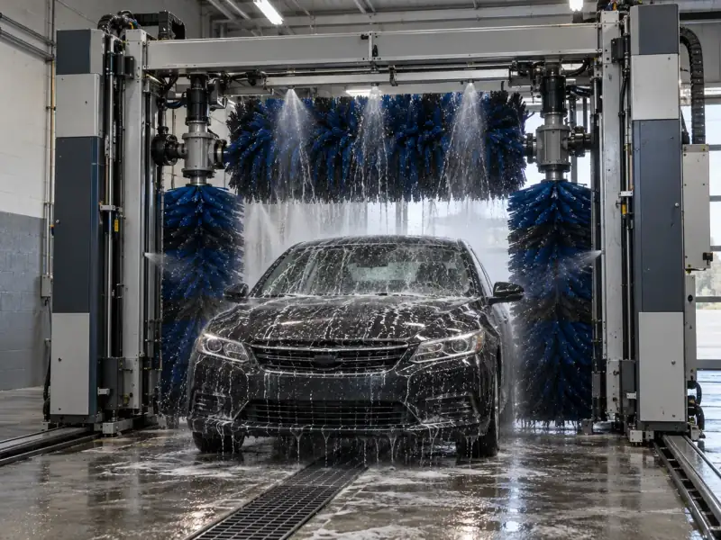 Puente de lavado automático para autos: cepillos azules y espuma sobre un auto oscuro