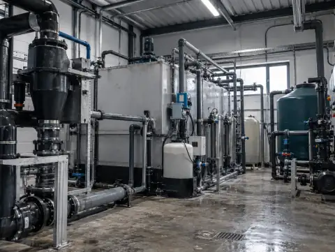 Cuarto técnico con tanques, filtros y tuberías del sistema de tratamiento de agua