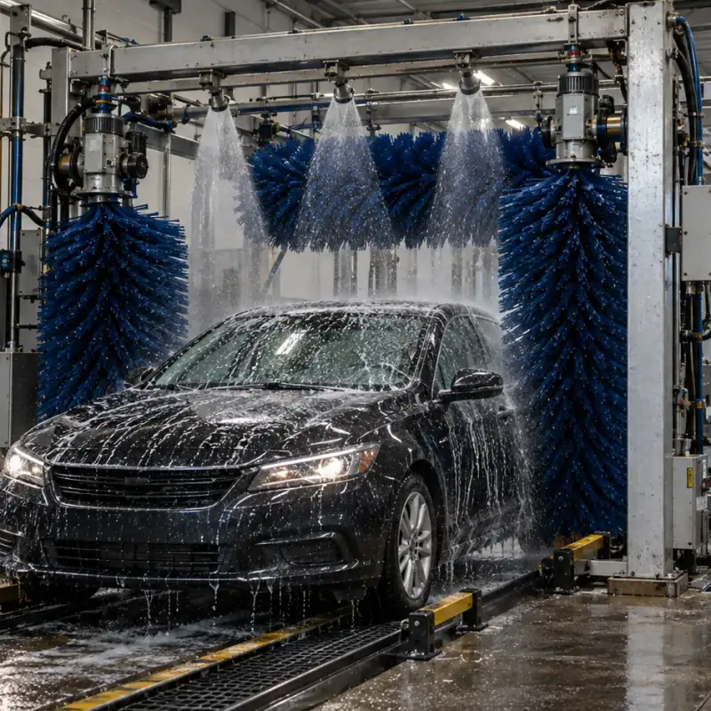 Túnel de lavado automático con un auto oscuro bajo los cepillos y el agua, equipo de lavado para autos